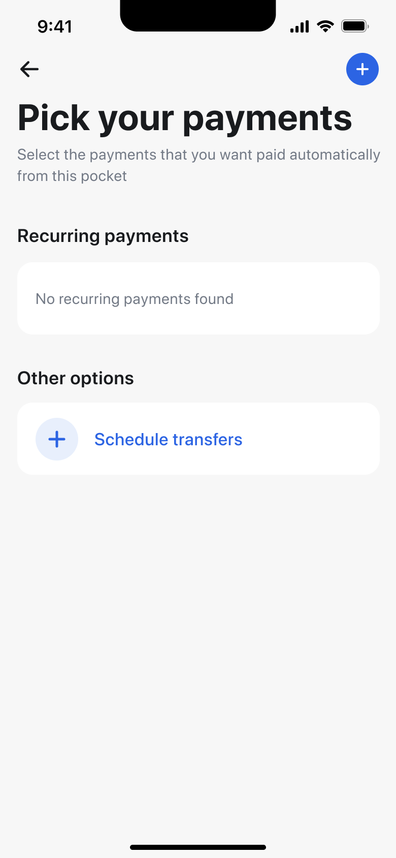 Pick your payments: no recurring payments found, schedule transfers option.