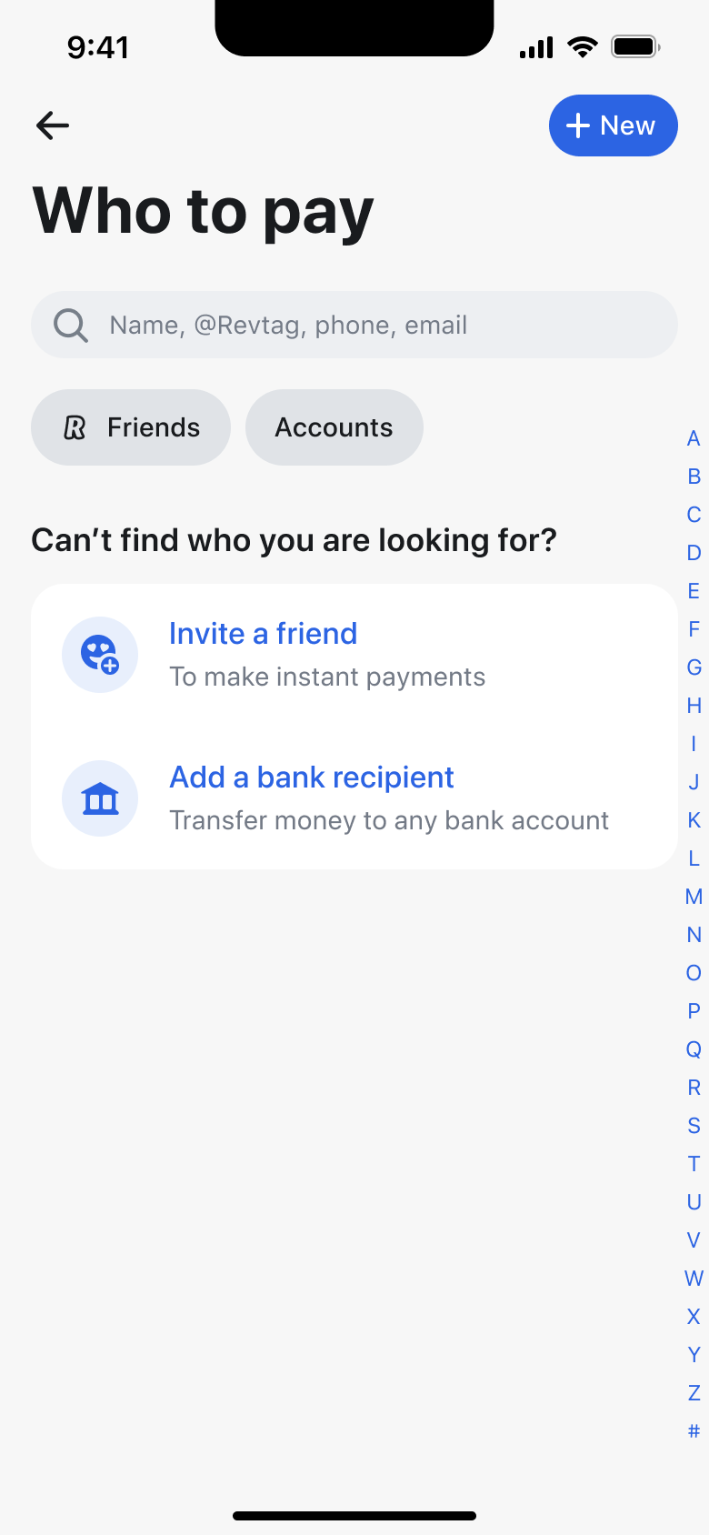 Who to pay: search, friends and accounts filters, invite a friend or add bank recipient.