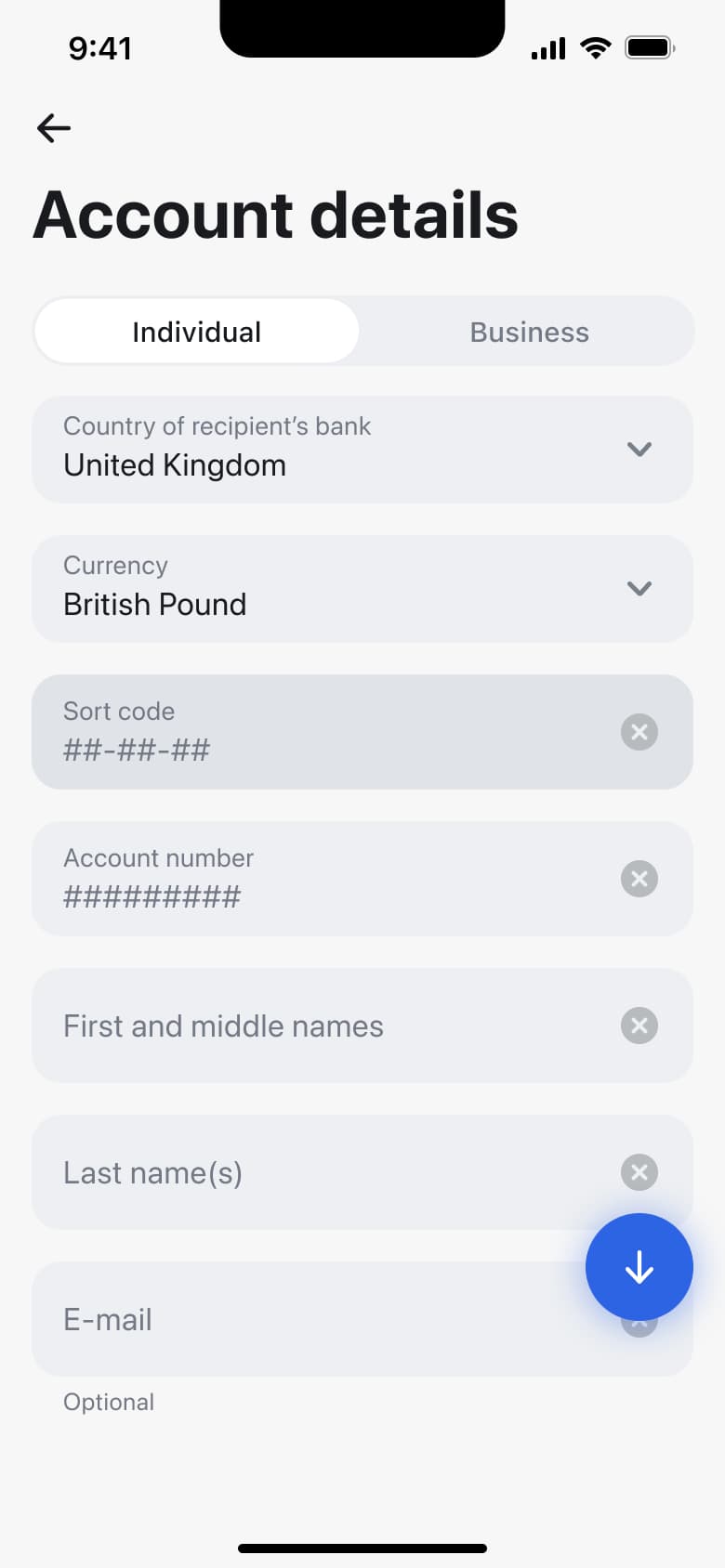 Recipient account details form: country, currency, sort code, account number and name.
