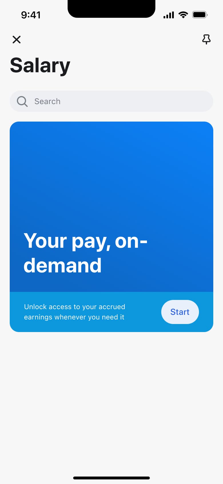 Salary hub: your pay on-demand promo card with start button.