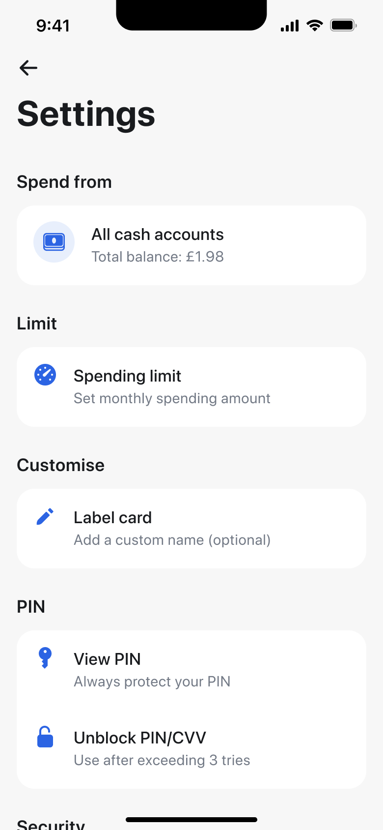 Card settings: spend from, spending limit, label card, PIN options.