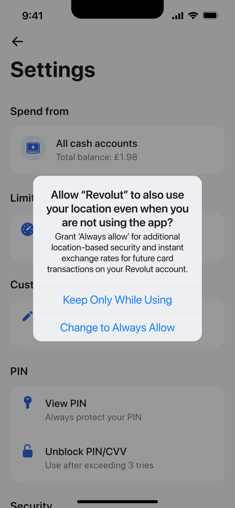 Location always-allow system alert over card settings.