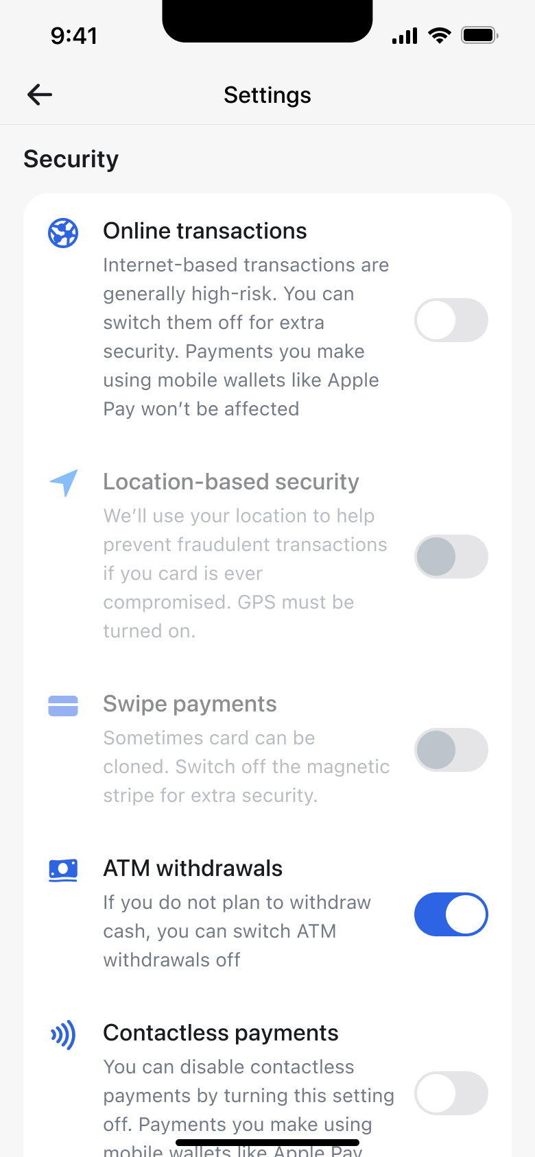 Card security settings toggles: online transactions, location, swipe, ATM and contactless.