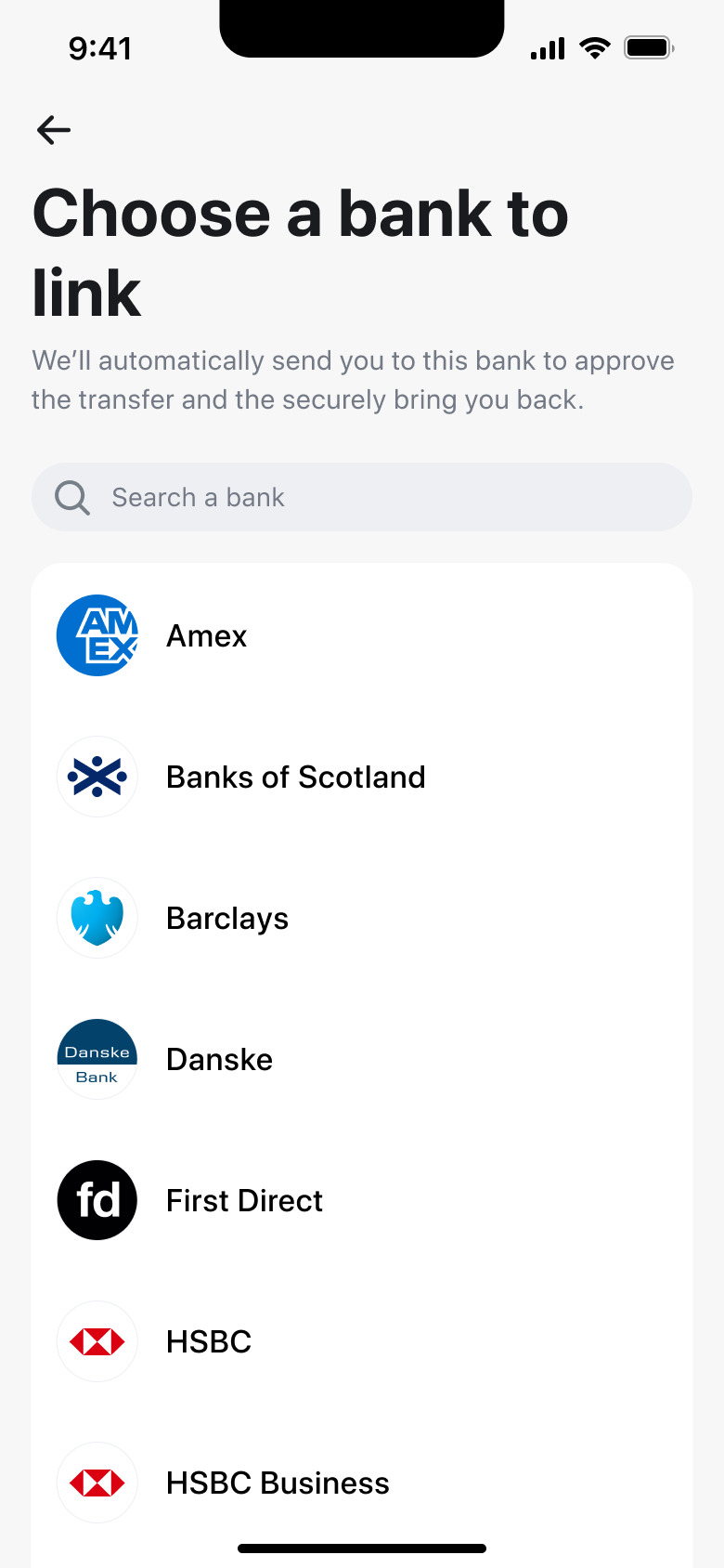 Choose a bank to link with search and bank list.