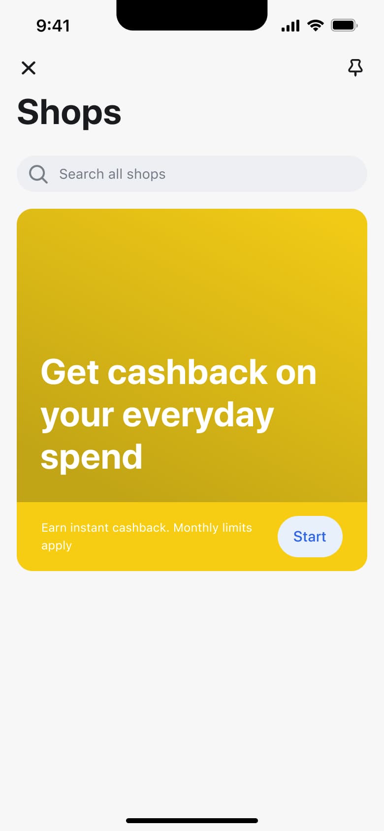 Shops: cashback on everyday spend promo with start button.