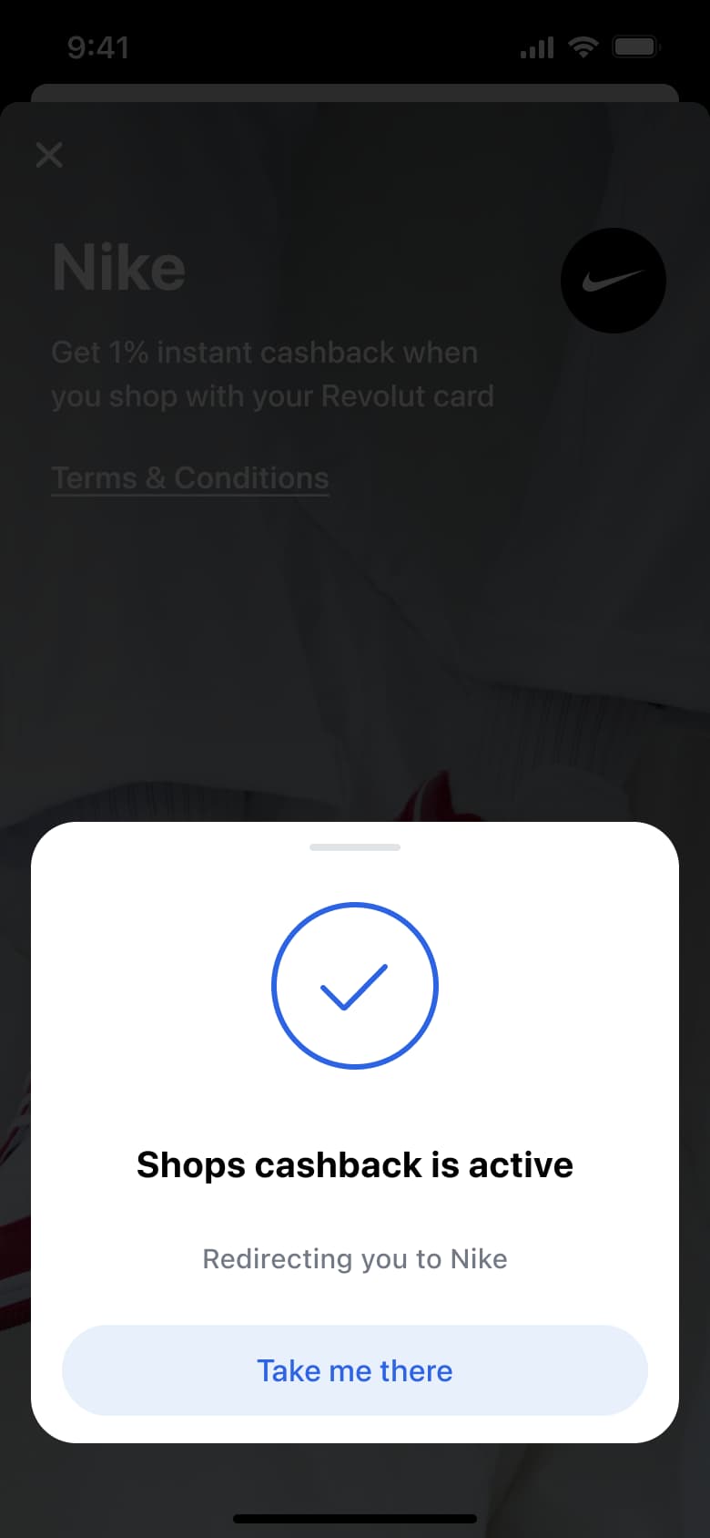 Cashback activated confirmation with take me there button.
