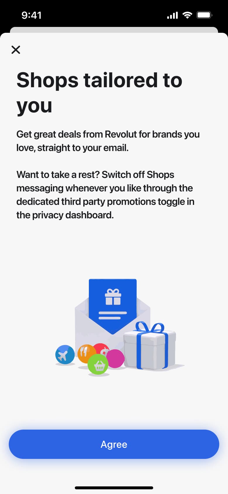 Shops tailored to you: consent to marketing emails with agree button.