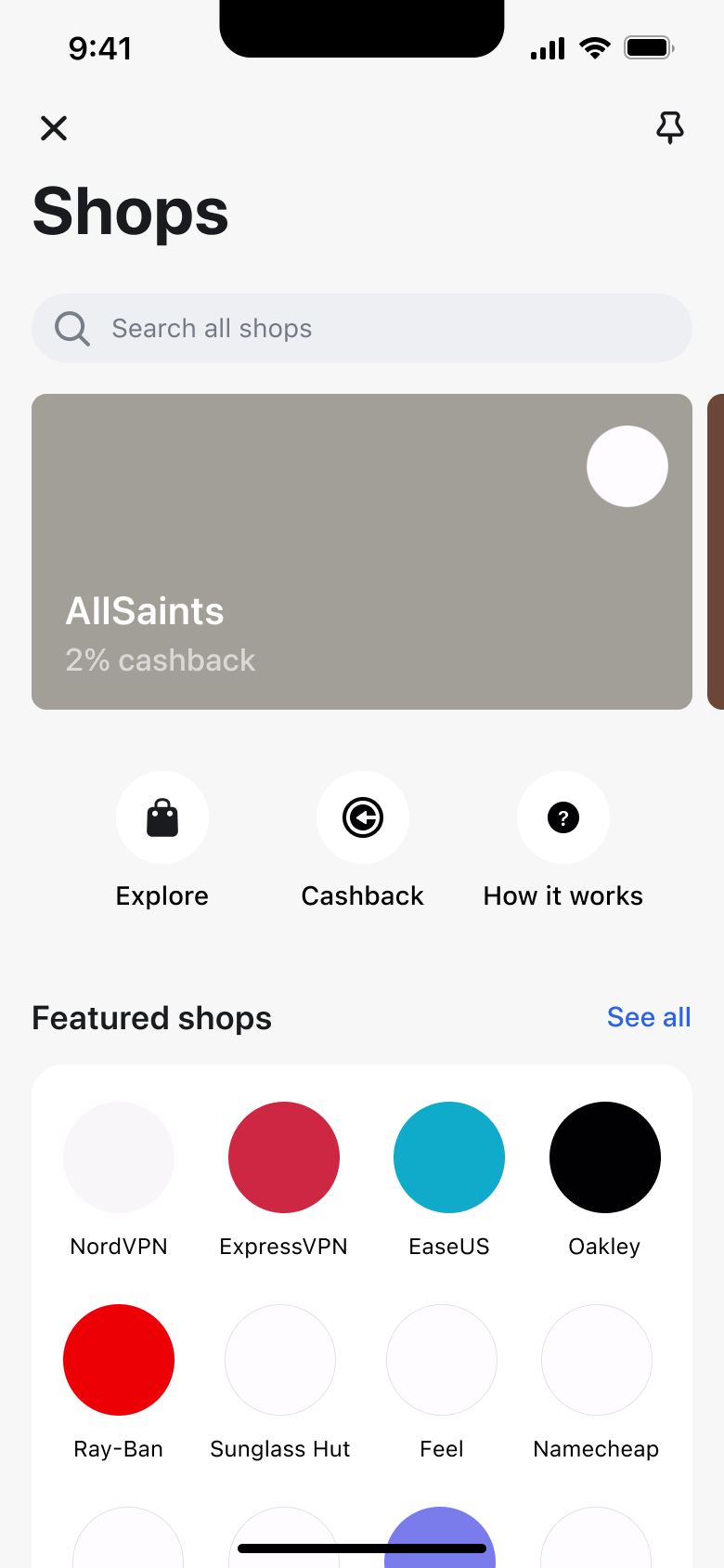 Shops home: featured carousel, explore, cashback and how it works, featured shops grid.