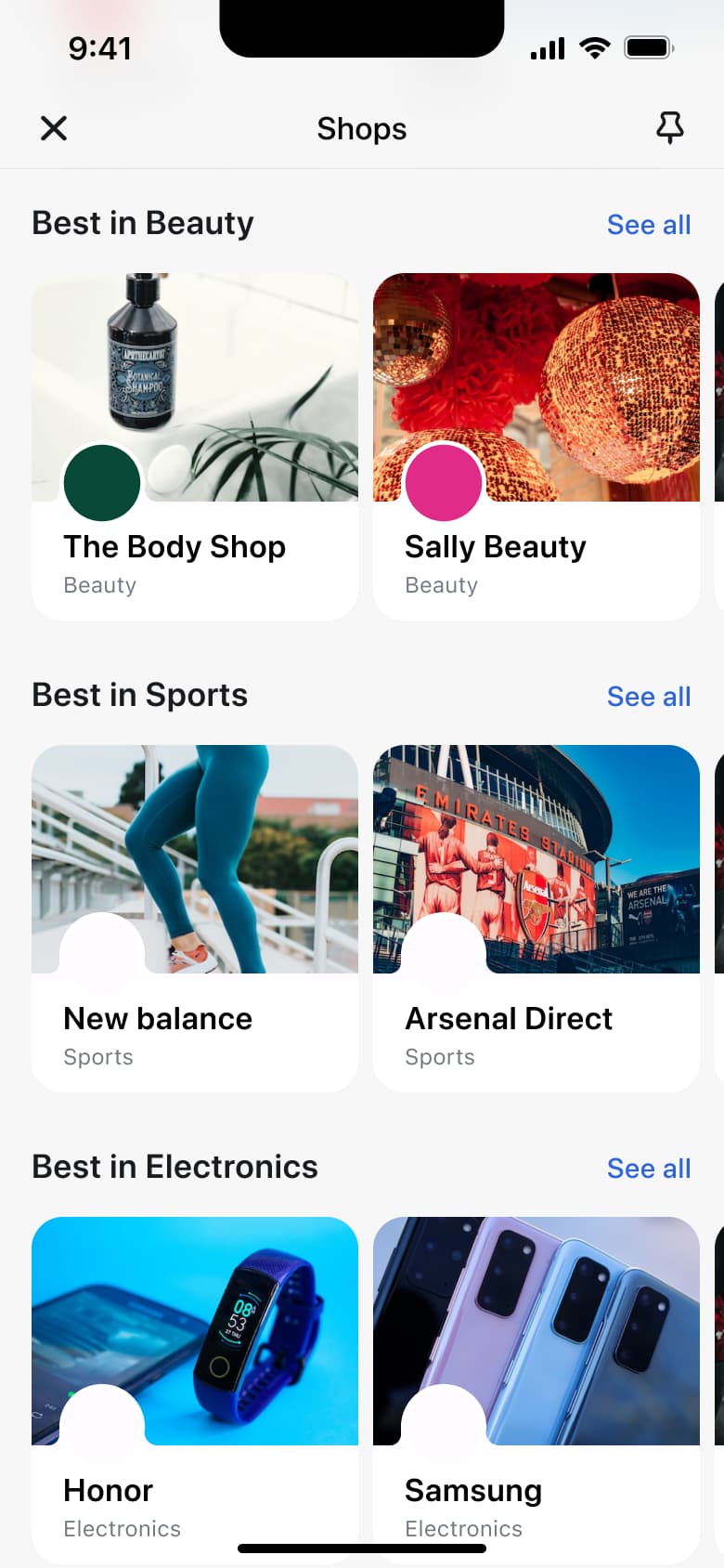 Shops categories: beauty, sports and electronics.