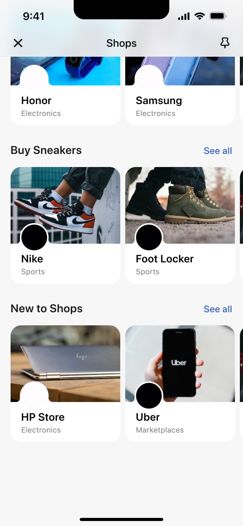 Shops scrolled: sneakers and new to shops.