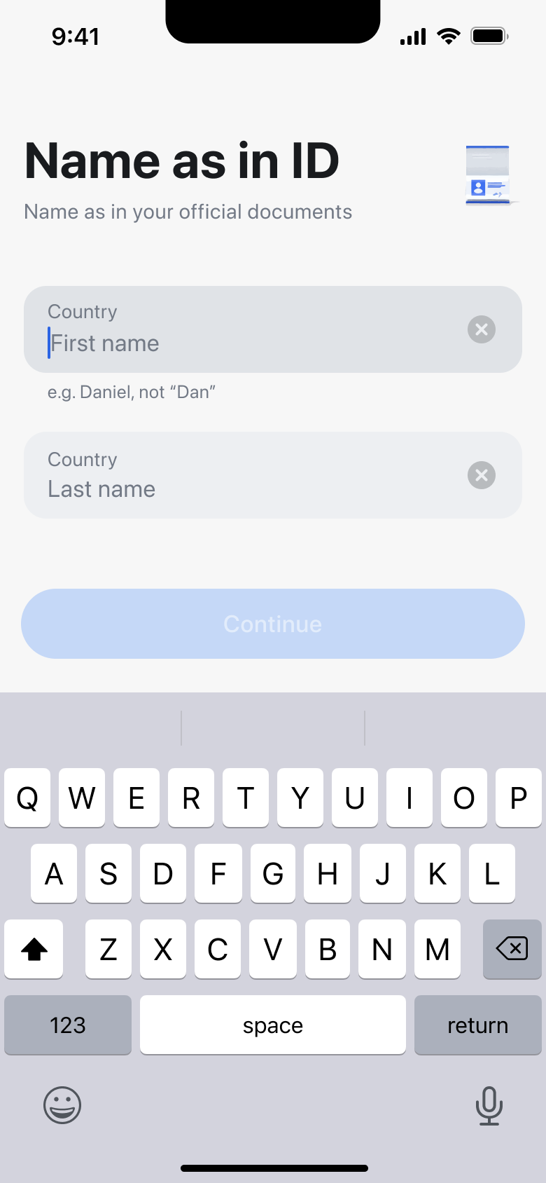 Name as in ID: first and last name fields.