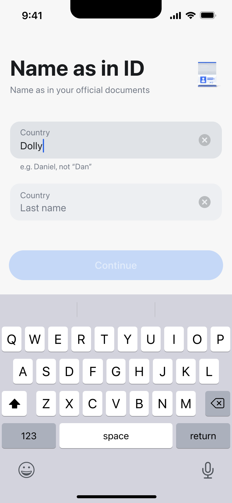 First name entered, last name empty.
