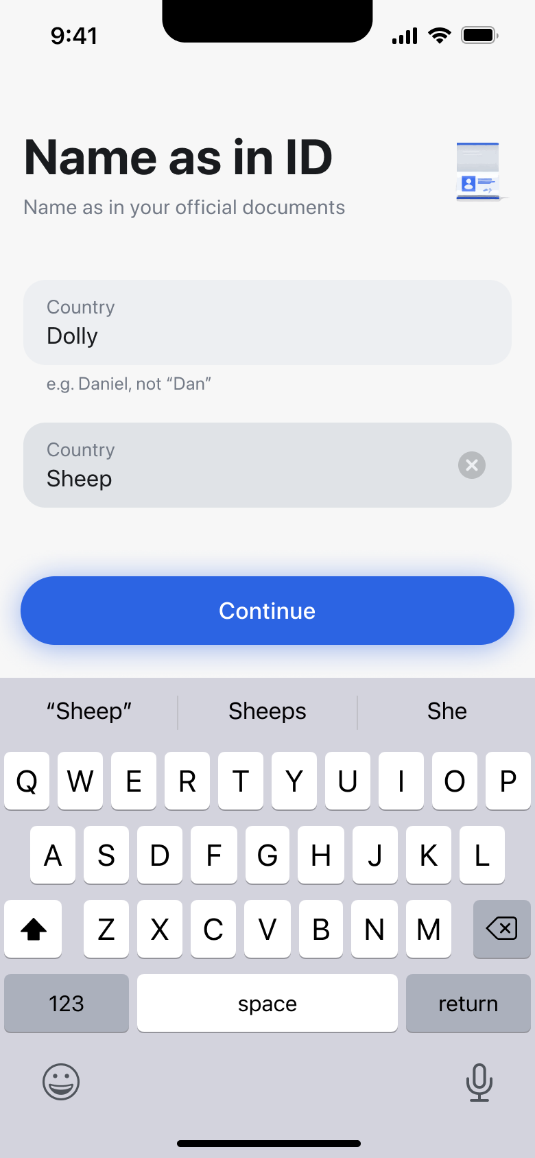 Name as in ID complete with continue enabled.