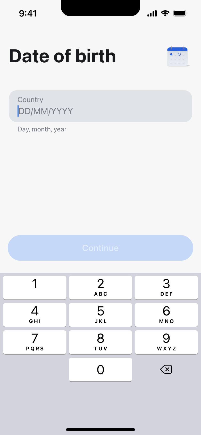 Date of birth entry field with numeric keypad.
