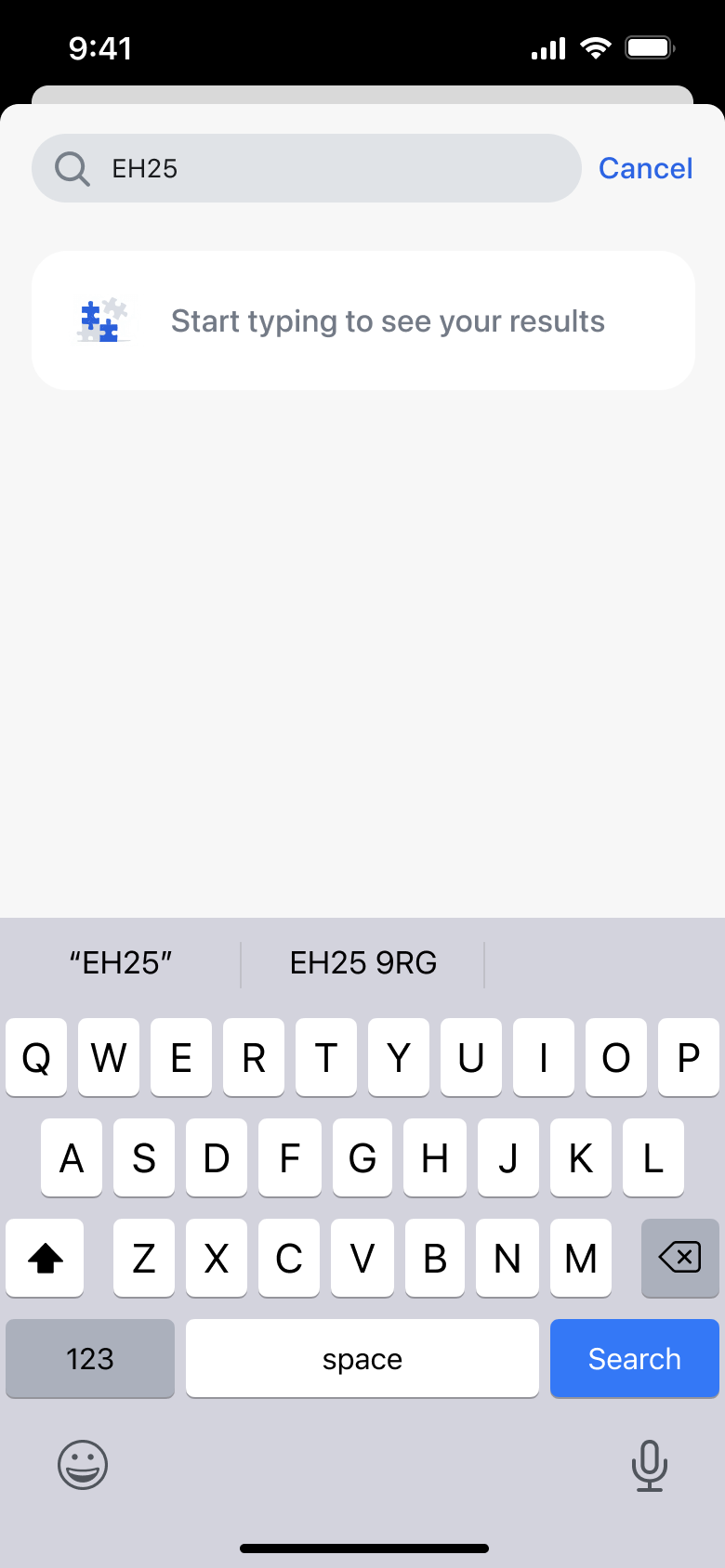 Postcode partly typed in address search.