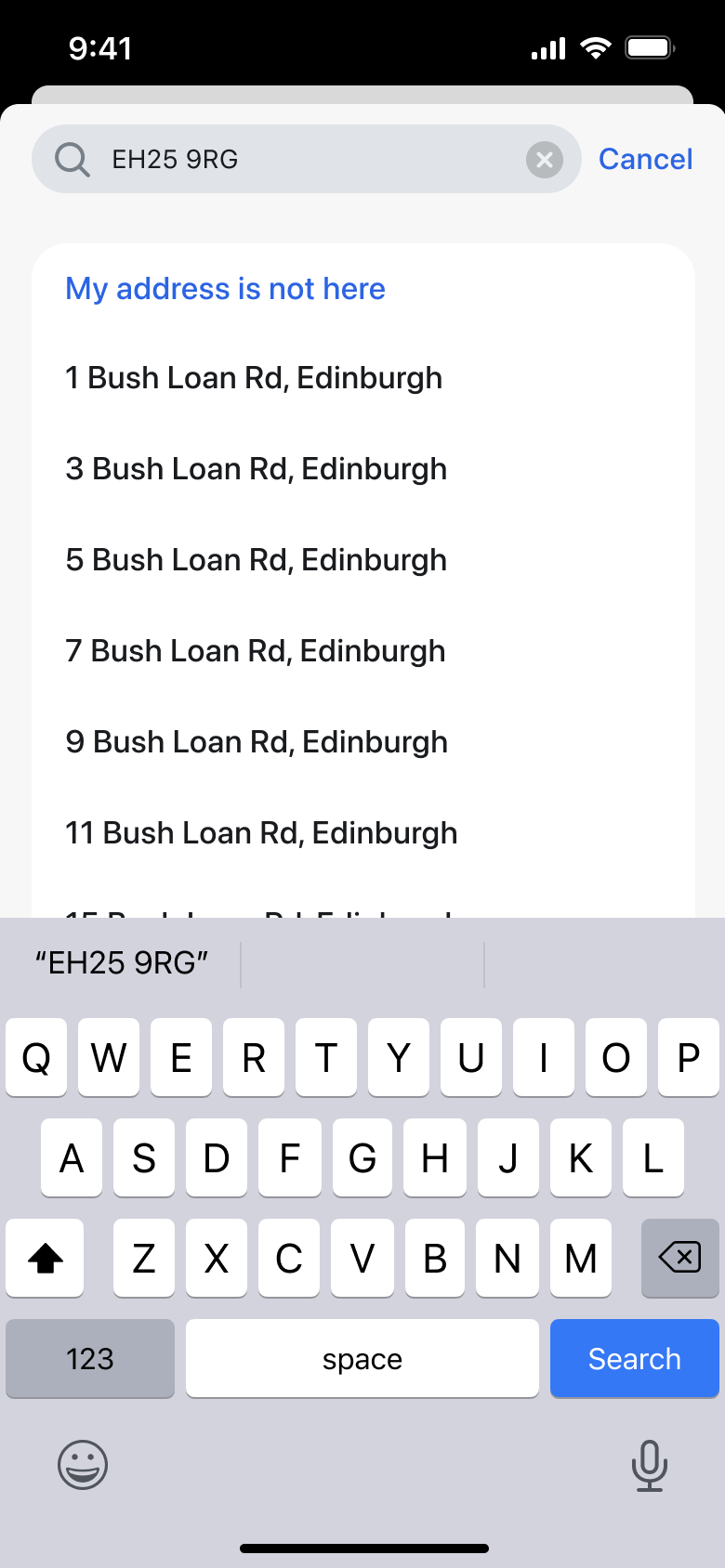 Address results for a postcode with my address is not here link.