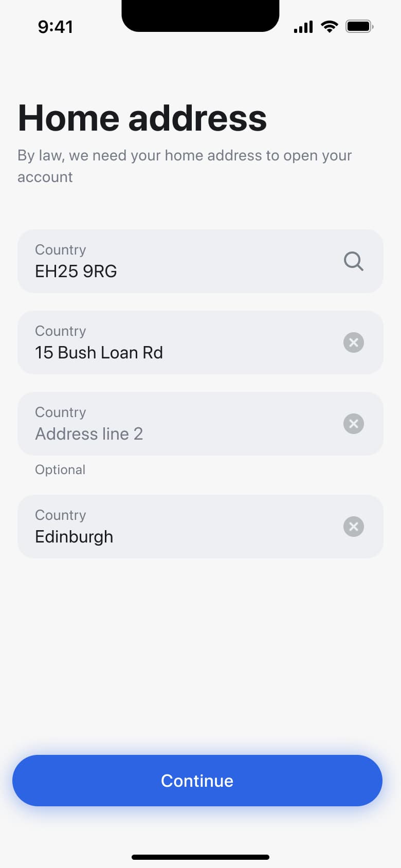 Home address form prefilled from search with postcode, street and city.