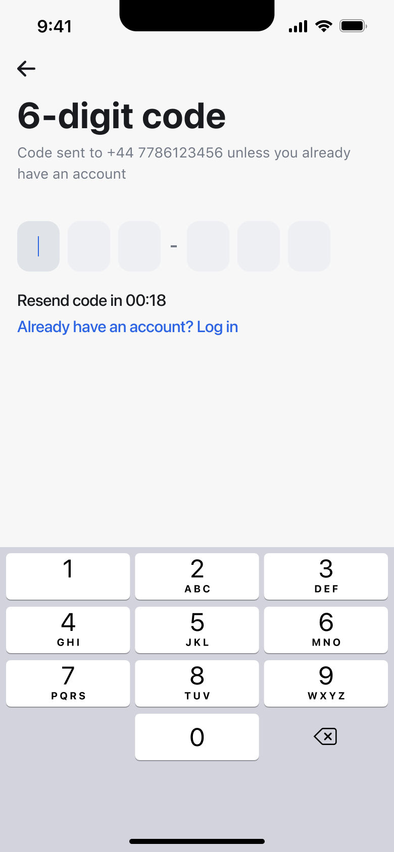 Six-digit SMS code entry with resend countdown.