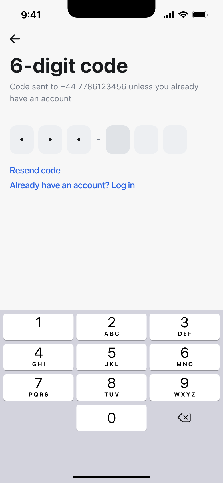 Six-digit code partly entered with resend code link.