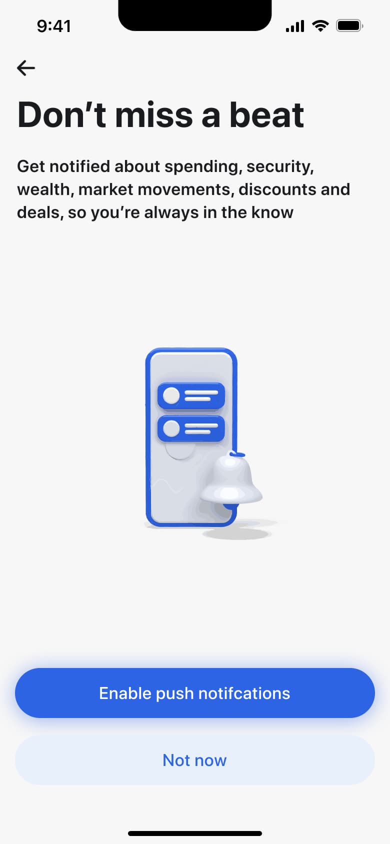 Don't miss a beat: enable push notifications priming with not now option.