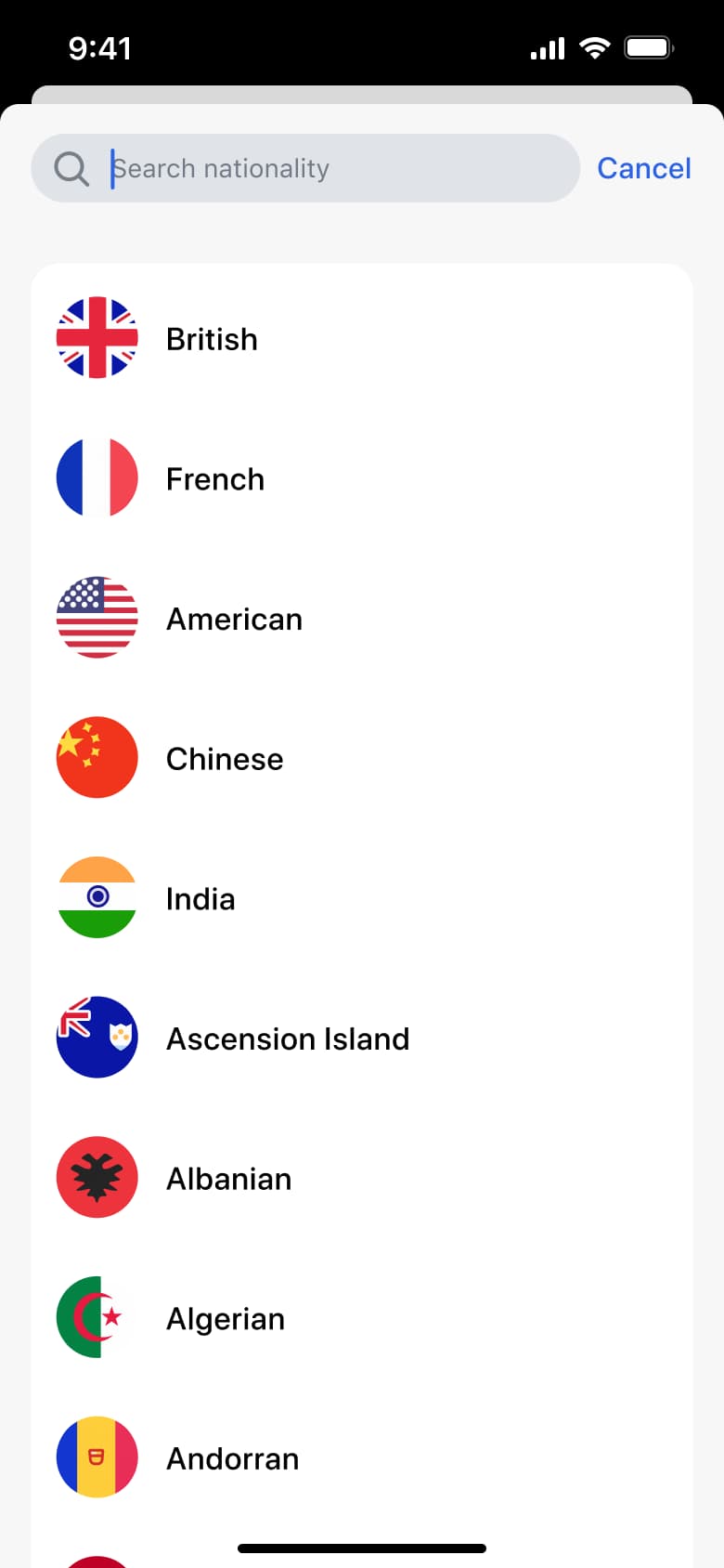Nationality search list with flags.