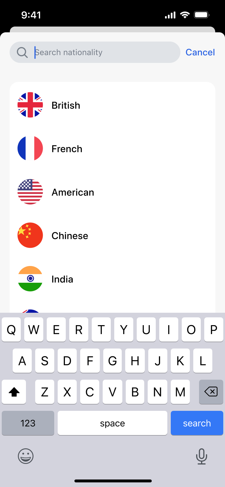 Nationality search focused with keyboard.