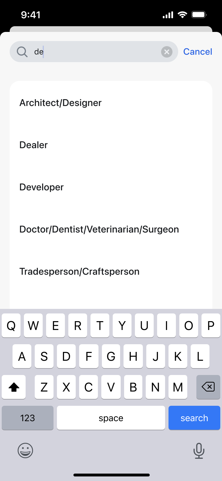Occupation search filtered by typed letters.