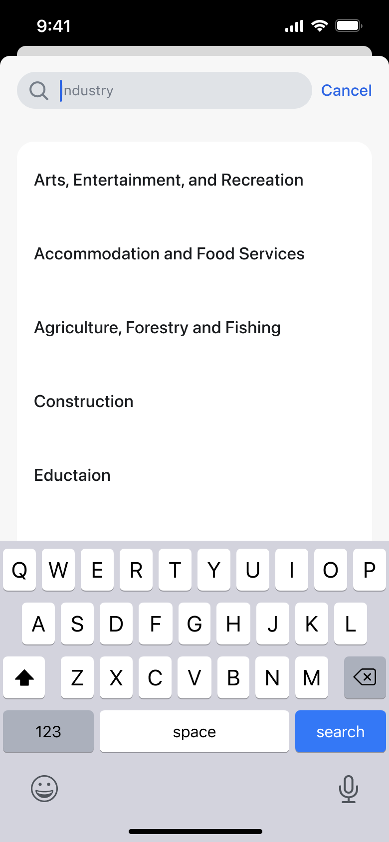 Industry search list with keyboard.
