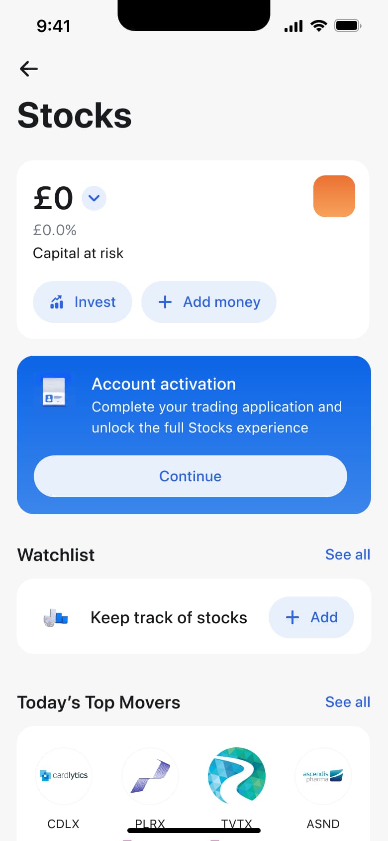 Stocks home: balance, invest and add money, account activation banner, watchlist and top movers.
