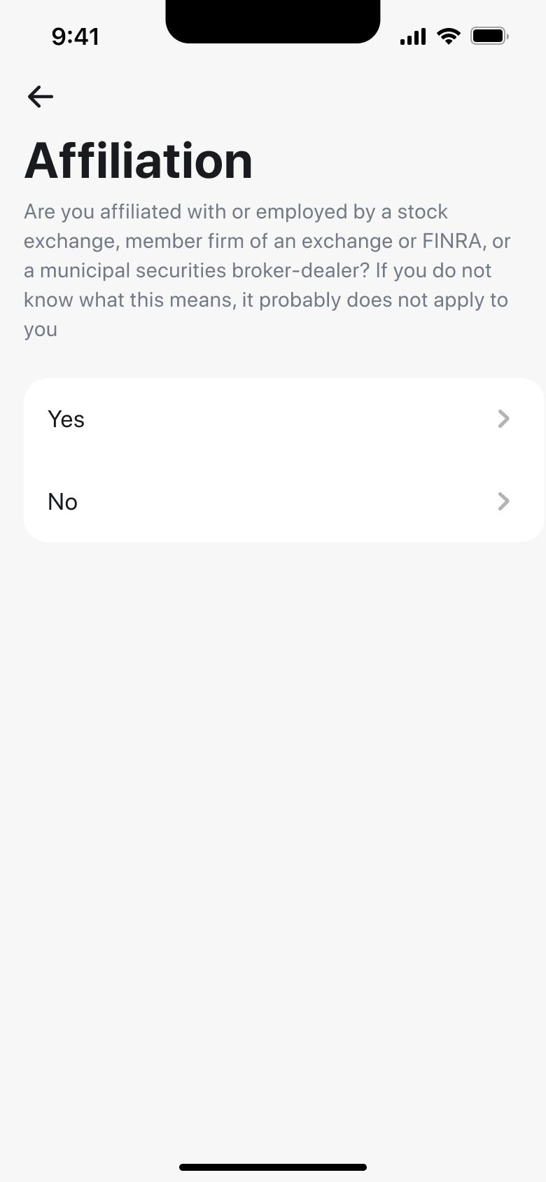 Affiliation question: yes or no about exchange or broker employment.