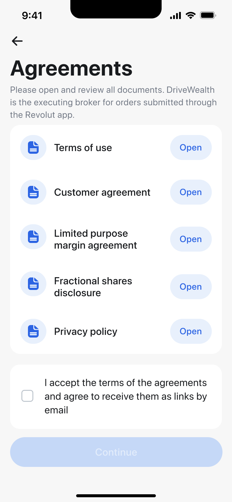 Agreements: open and review each document, accept terms checkbox.