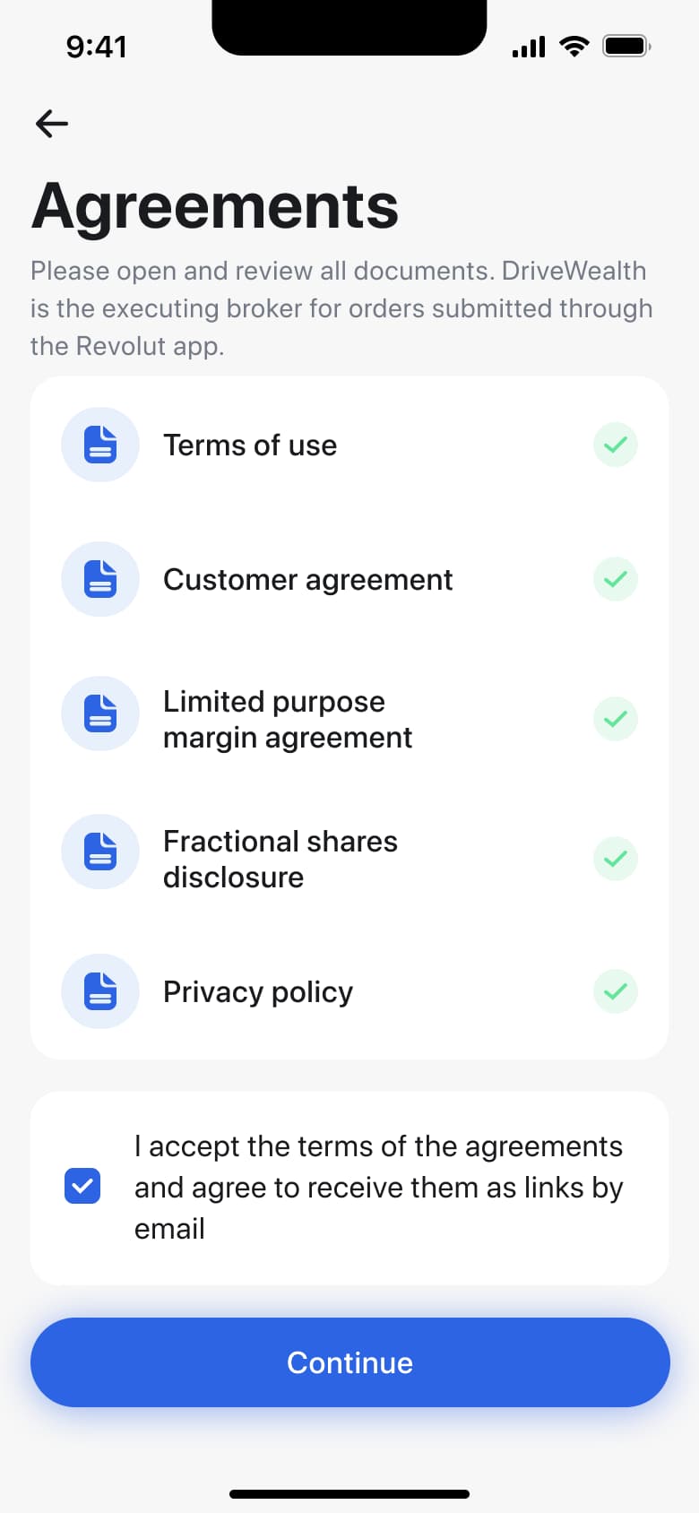 All agreements reviewed and terms accepted, continue enabled.