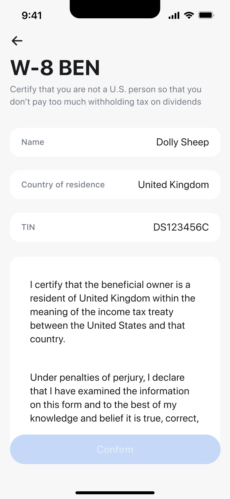 Tax form certification with name, country and tax ID, declaration text.