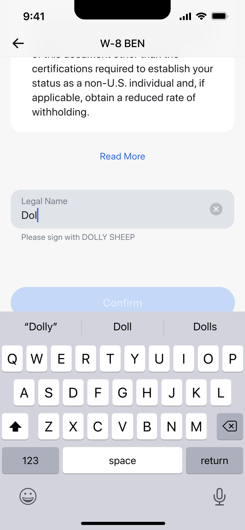 Typing legal name to sign the tax form.