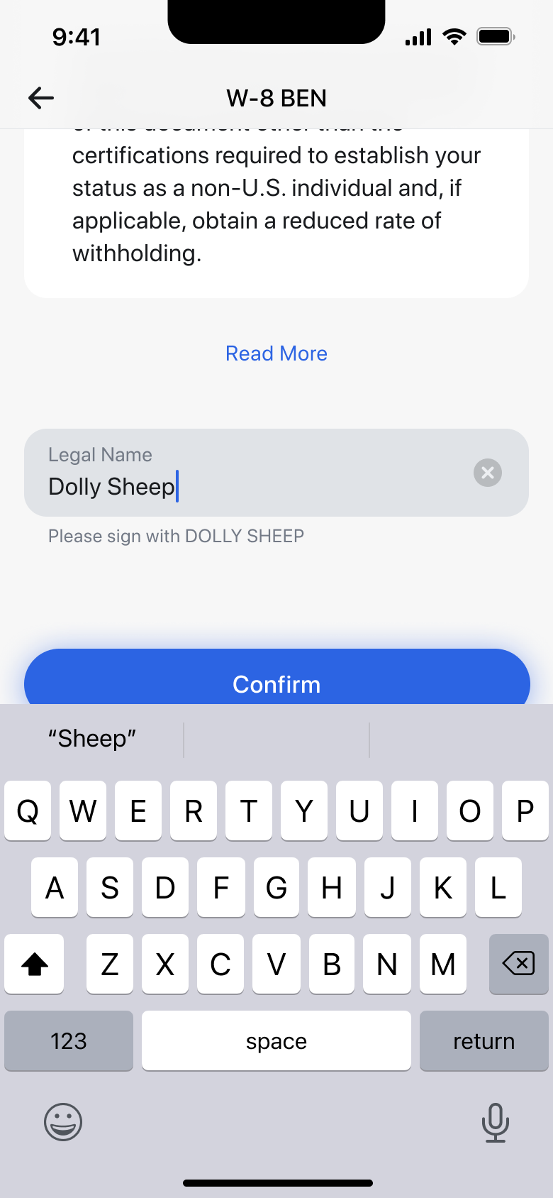 Tax form signed with full legal name, confirm enabled.