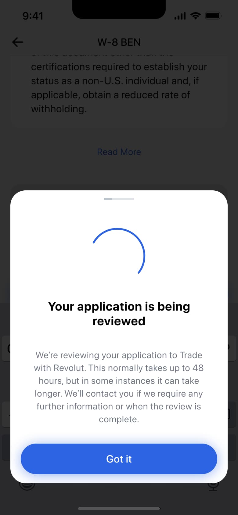 Your application is being reviewed card with spinner.