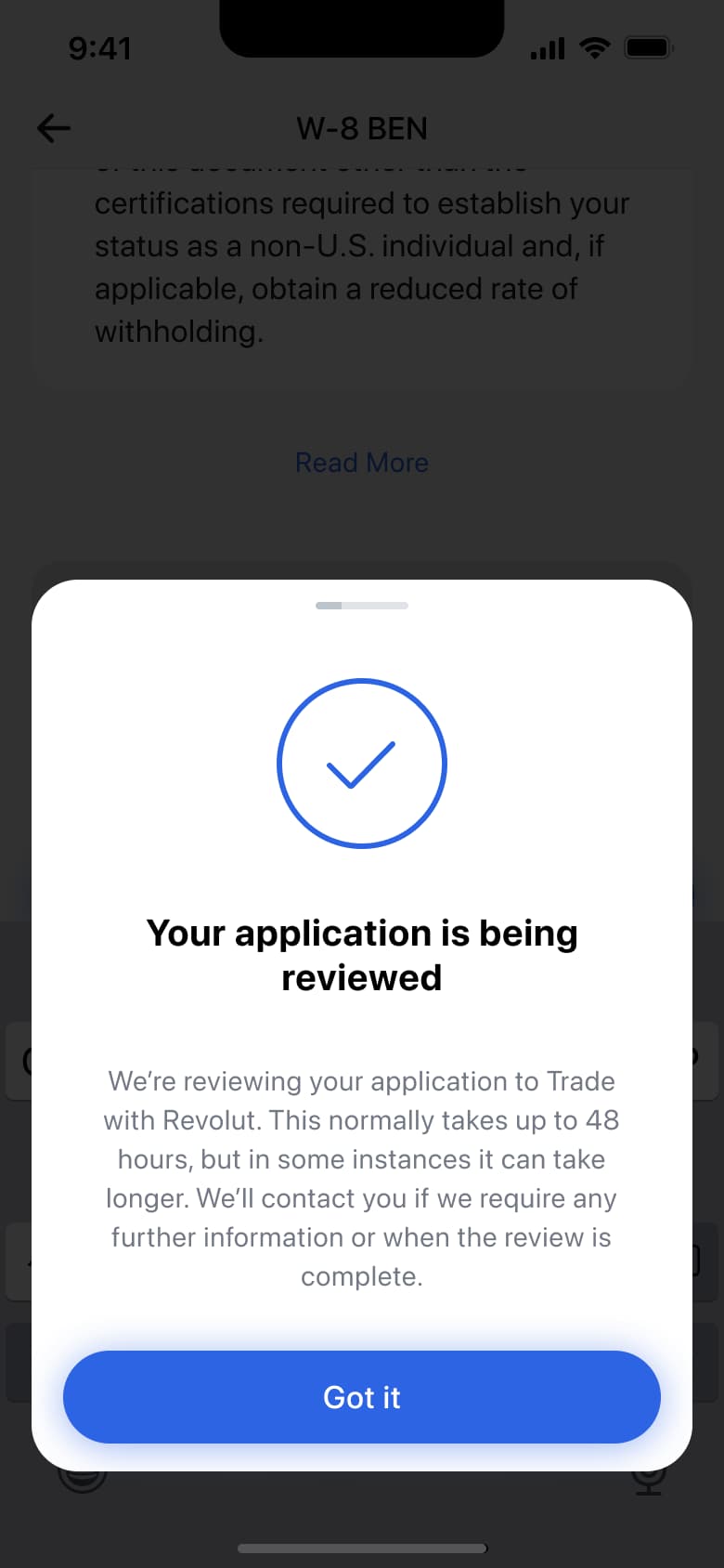 Application under review confirmation with tick and got it button.
