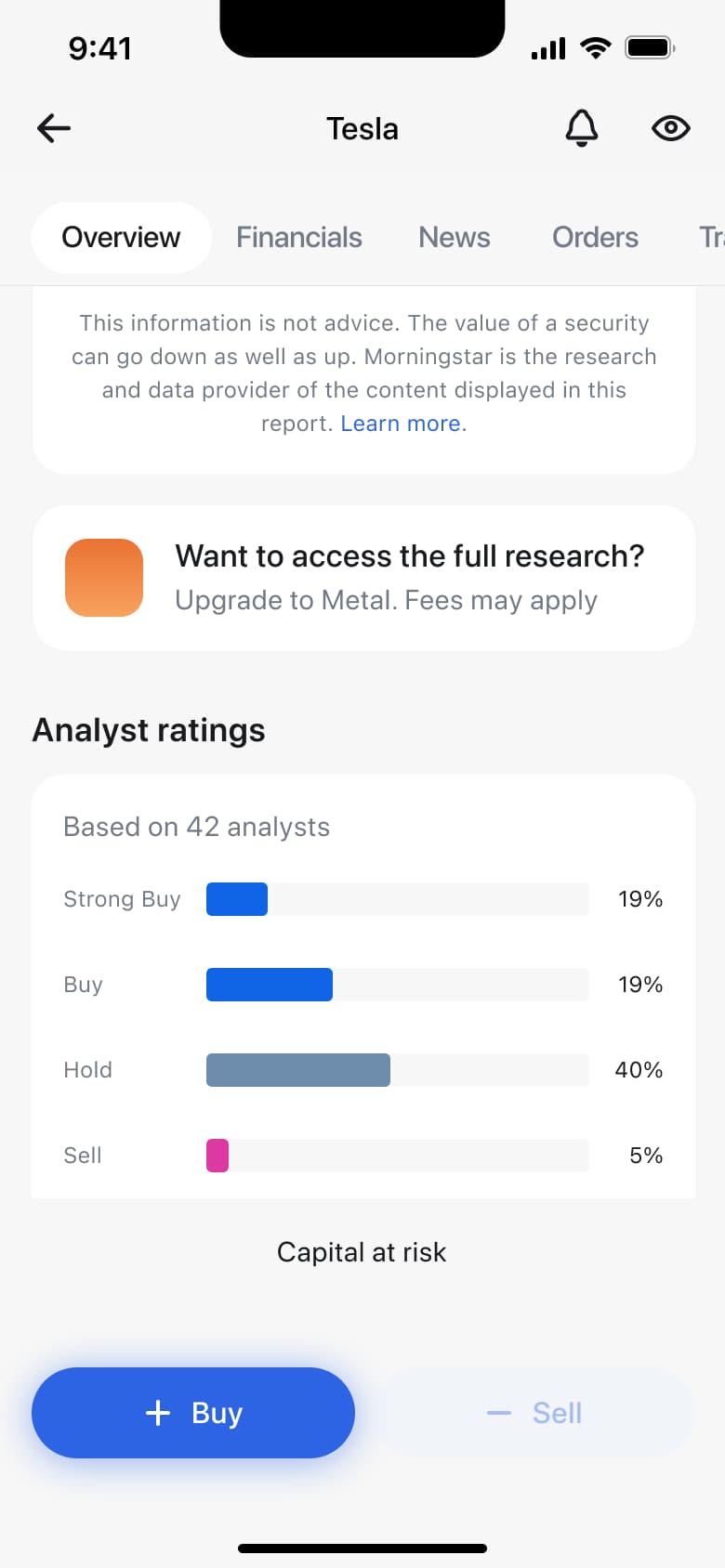 Stock analyst ratings bar chart with upgrade prompt for full research.
