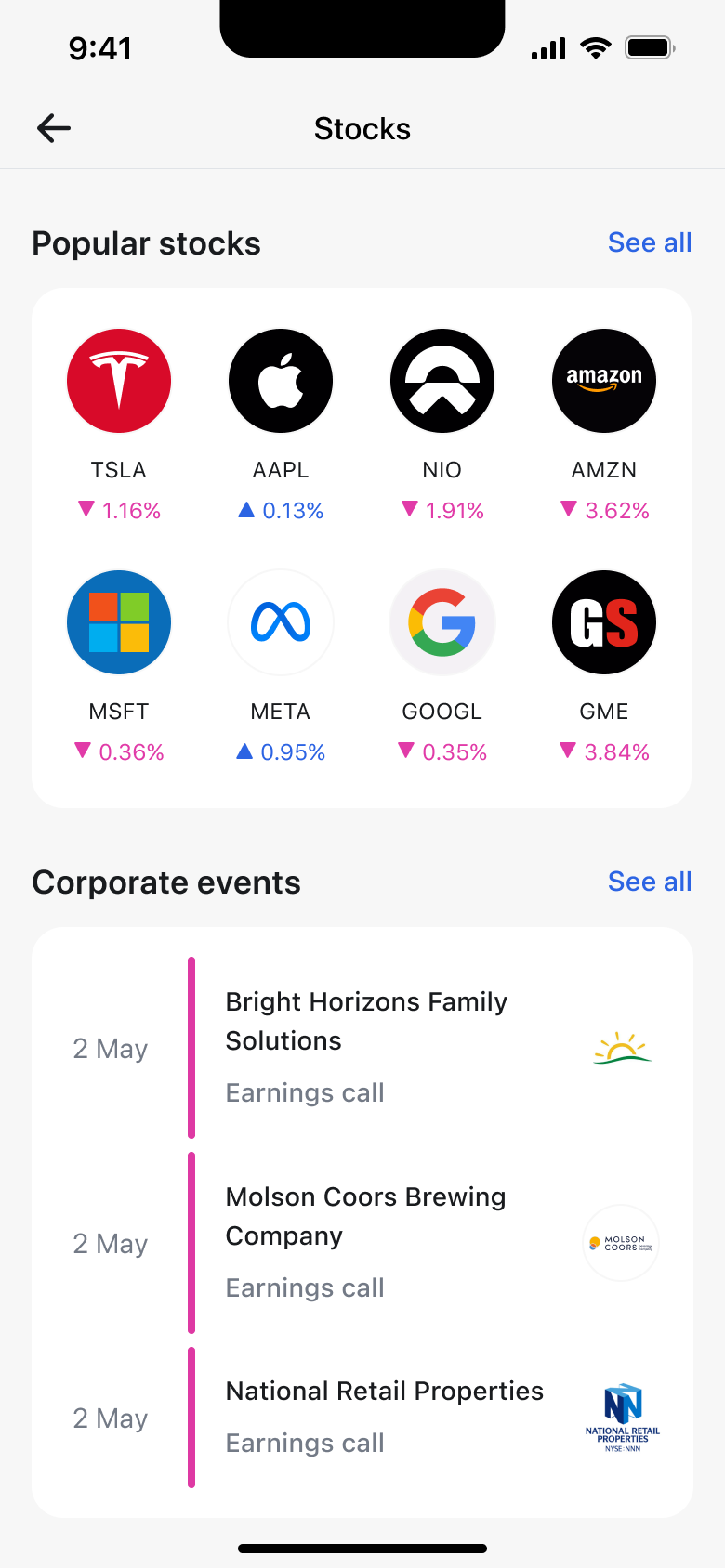Popular stocks grid with price changes and corporate events list.