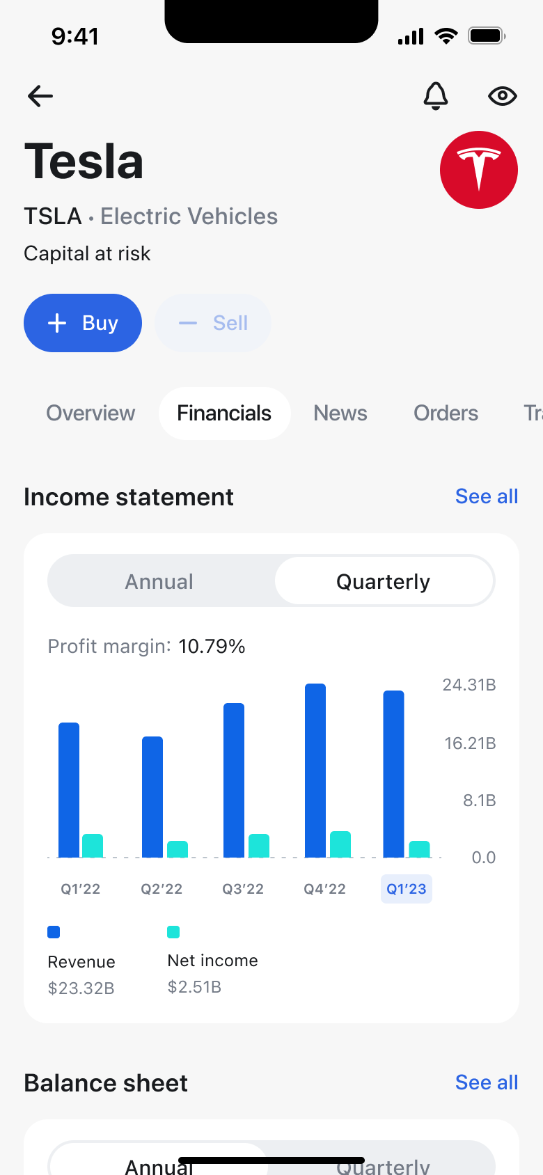 Stock income statement with quarterly view selected.