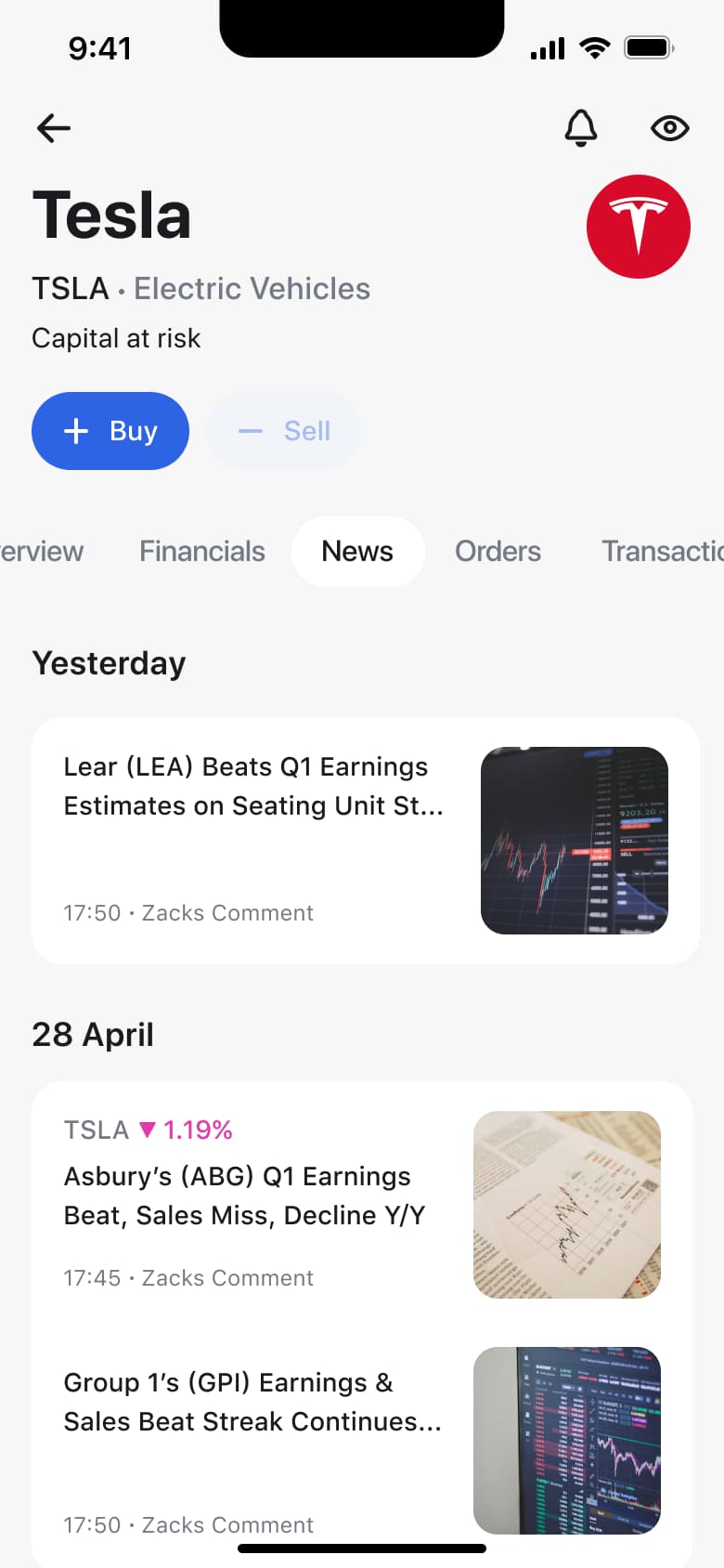 Stock news tab with dated headlines and thumbnails.