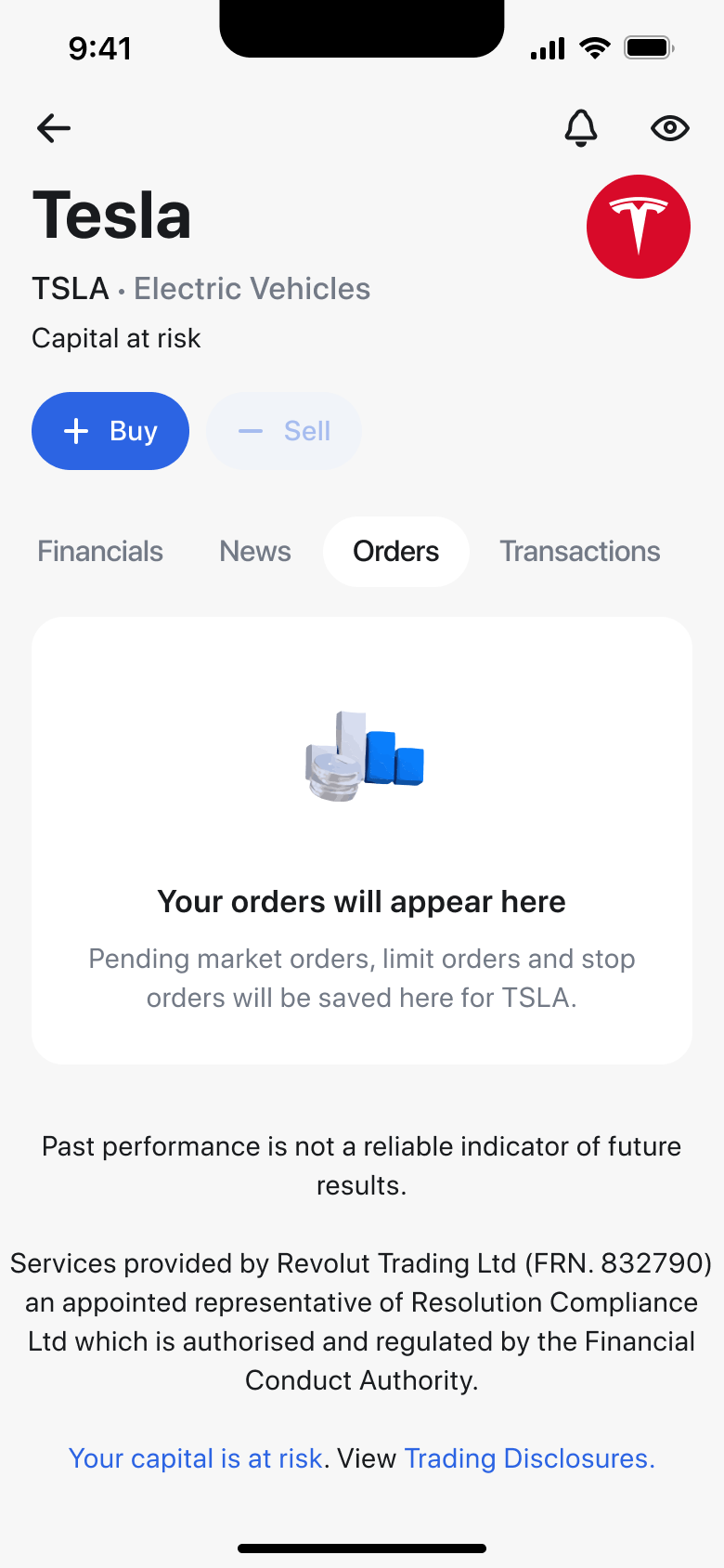 Stock orders tab empty: your orders will appear here.