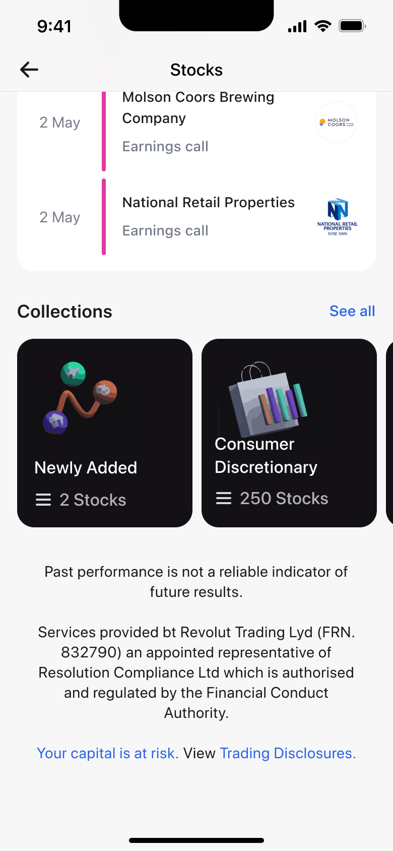 Stocks scrolled: events, collections carousel and risk disclosures.