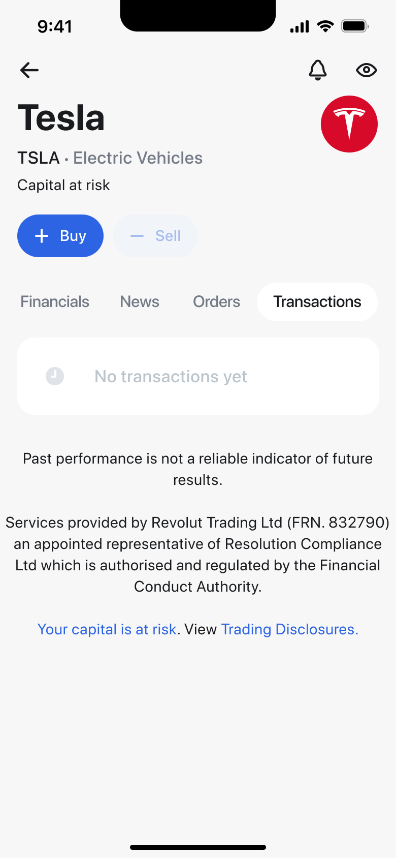 Stock transactions tab with no transactions yet.