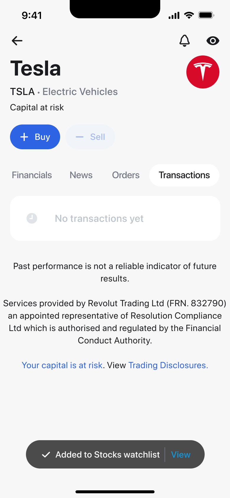 Stock added to watchlist toast on the transactions tab.
