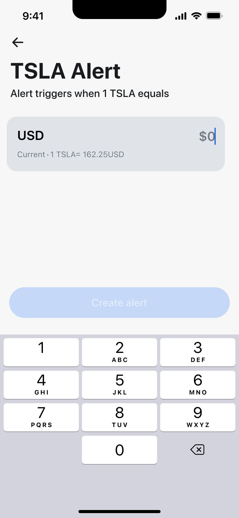Price alert: set the price that triggers an alert, keypad open.