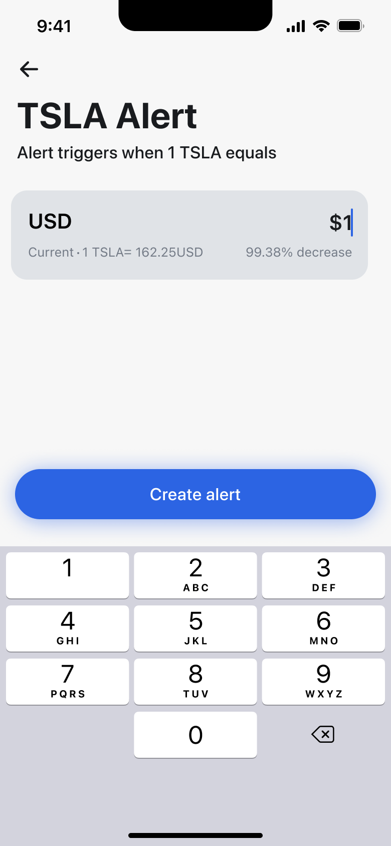 Price alert value partly typed with percentage change.