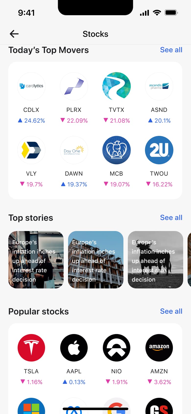 Stocks discover: top movers grid, top stories carousel and popular stocks.