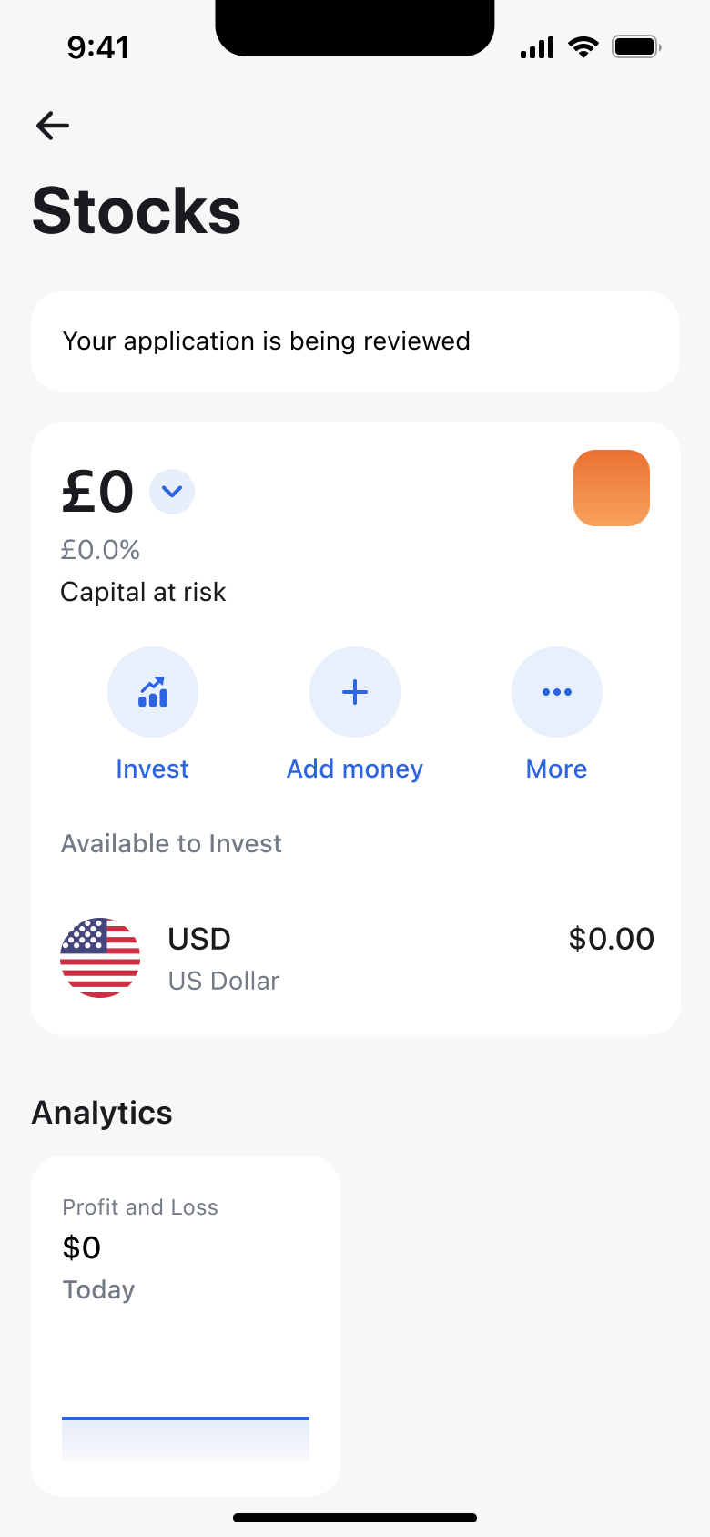 Stocks account with application under review banner, invest, add money and analytics.