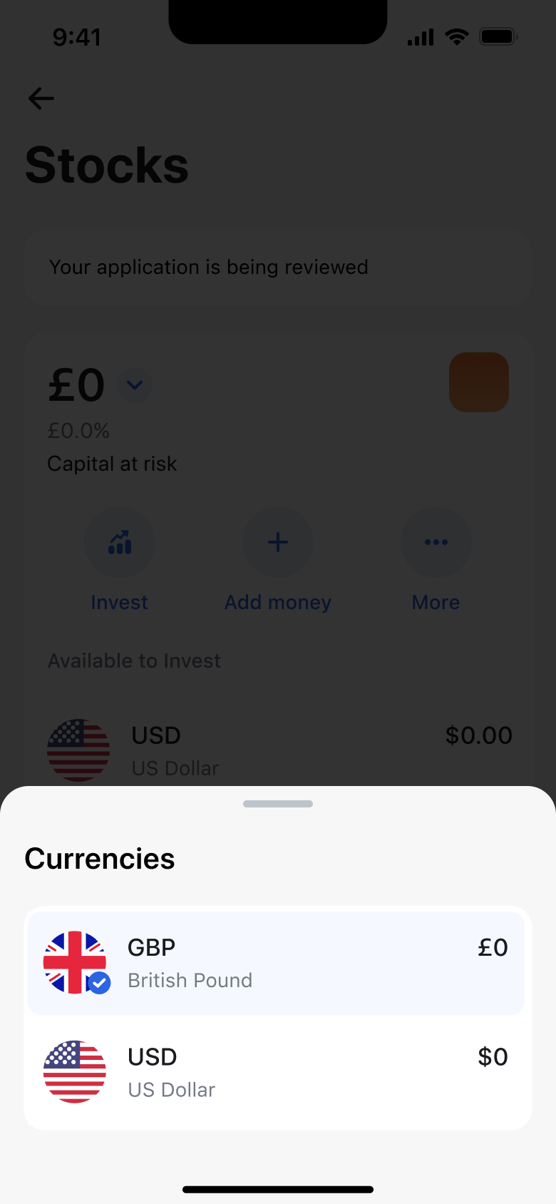 Currencies sheet for stock account balances.